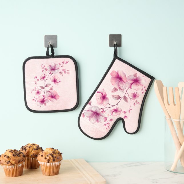 Watercolor Pink Flowers Oven Mitt & Pot Holder Set (Insitu(Hanging))
