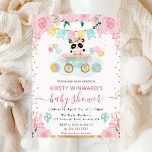 Watercolor Pink Flowers Panda Baby Shower Invitation