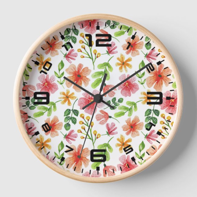 Watercolor Pink Flowers Pattern-69677 Clock (Front)