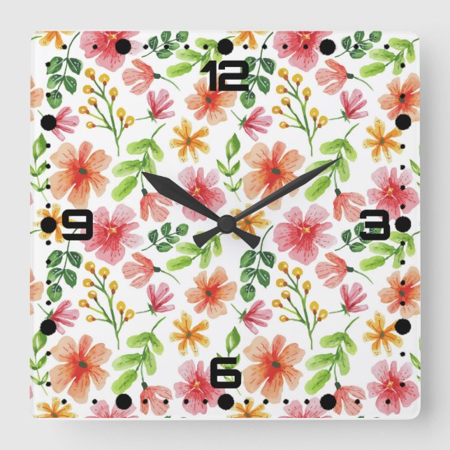 Watercolor Pink Flowers Pattern-69677 Square Wall Clock (Front)