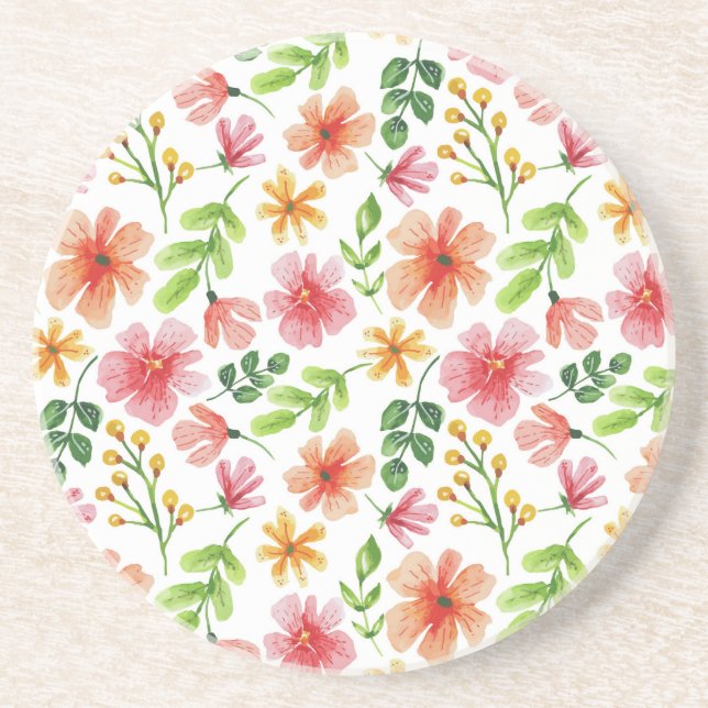 Watercolor Pink Flowers Pattern Coaster (Front)
