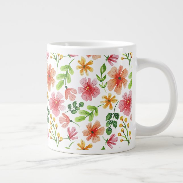 Watercolor Pink Flowers Pattern Giant Coffee Mug (Right)