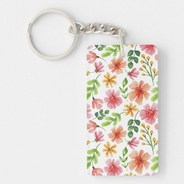 Watercolor Pink Flowers Pattern Keychain (Front)
