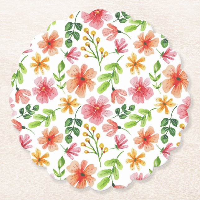 Watercolor Pink Flowers Pattern Paper Coaster (Front)