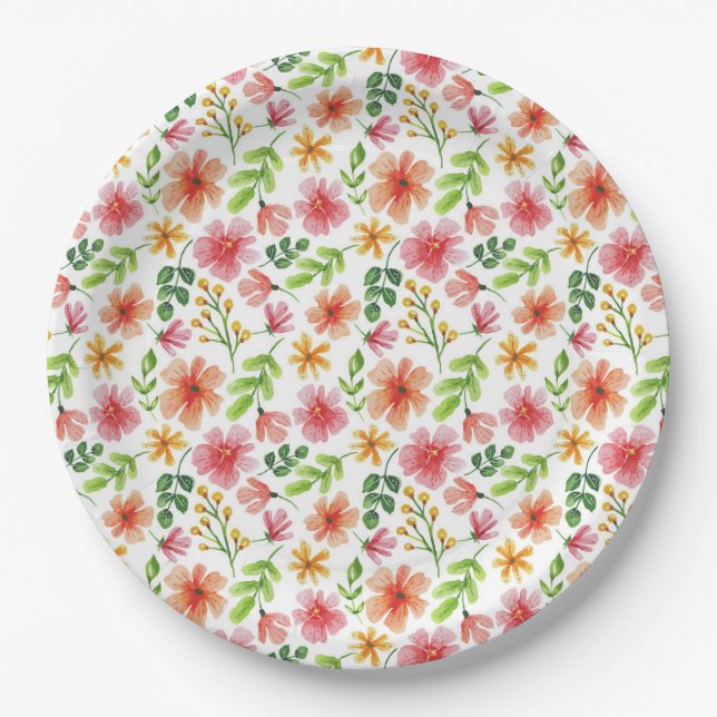 Watercolor Pink Flowers Pattern Paper Plates (Front)