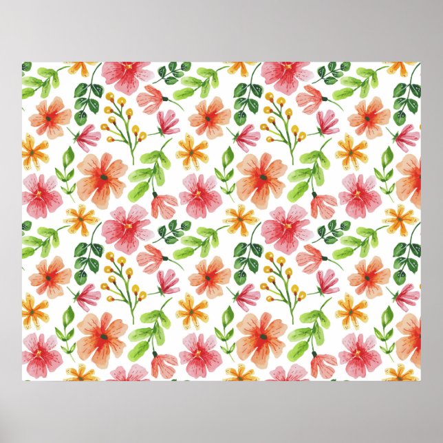 Watercolor Pink Flowers Pattern Poster (Front)
