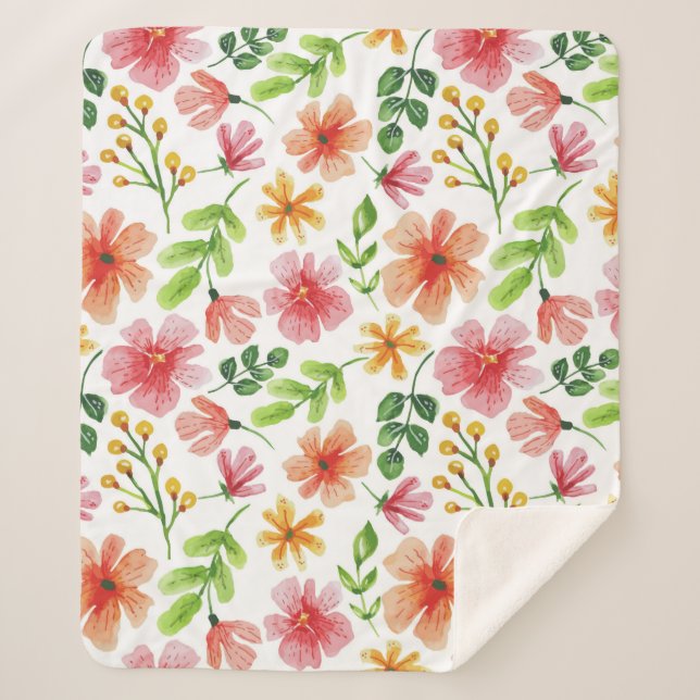 Watercolor Pink Flowers Pattern Sherpa Blanket (Front)