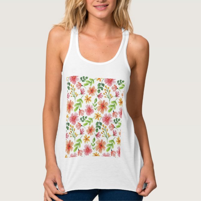 Watercolor Pink Flowers Pattern Tank Top (Front)