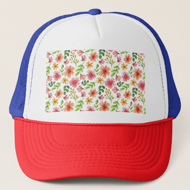 Watercolor Pink Flowers Pattern Trucker Hat (Front)