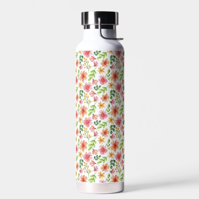 Watercolor Pink Flowers Pattern Water Bottle (Left)