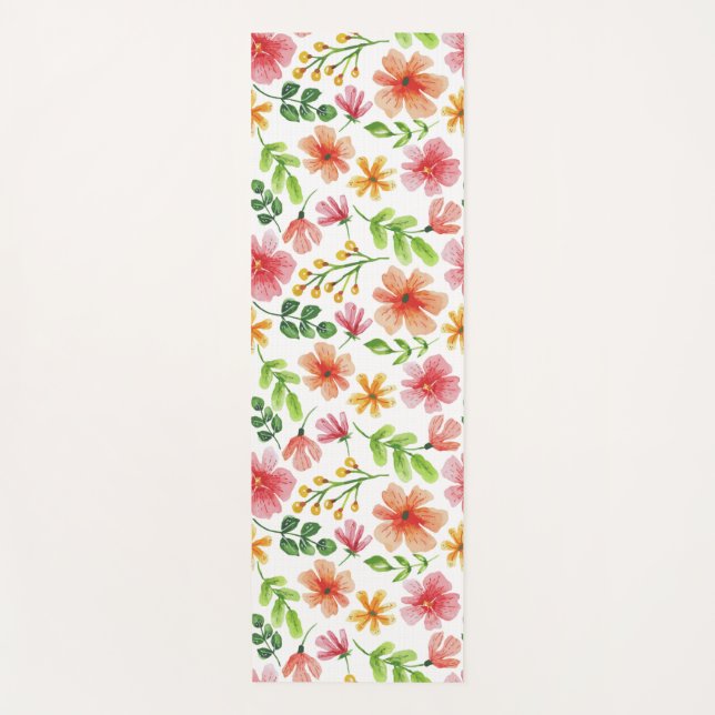 Watercolor Pink Flowers Pattern Yoga Mat (Front)