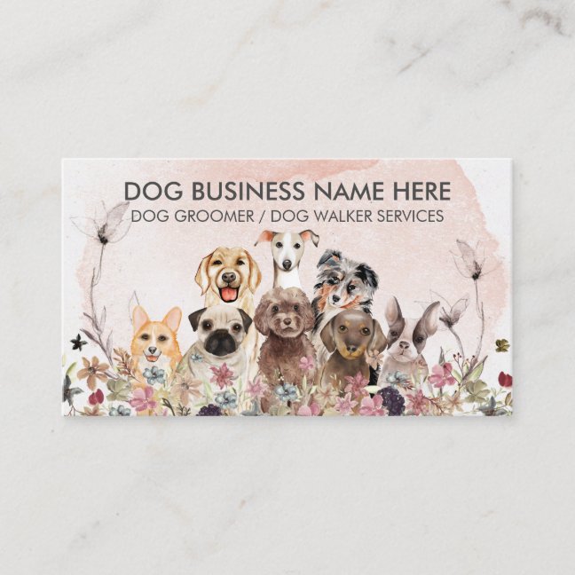 Watercolor Pink Flowers Pet Sitter Walker dogs Business Card