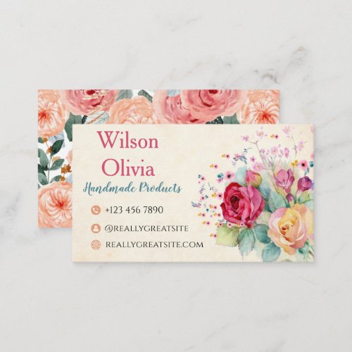 Watercolor Pink Flowers Posy Floral Business Card