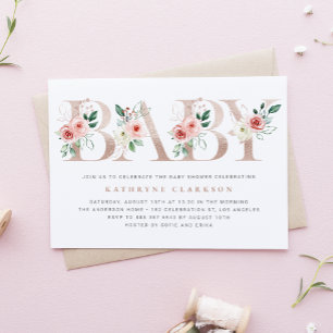 Watercolor Pink Flowers Rose Gold Baby Shower Invitation