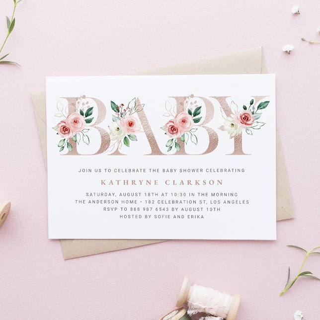 Watercolor Pink Flowers Rose Gold Baby Shower Invitation (Creator Uploaded)