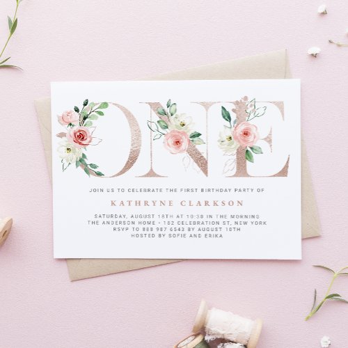 Watercolor Pink Flowers Rose Gold First Birthday Invitation