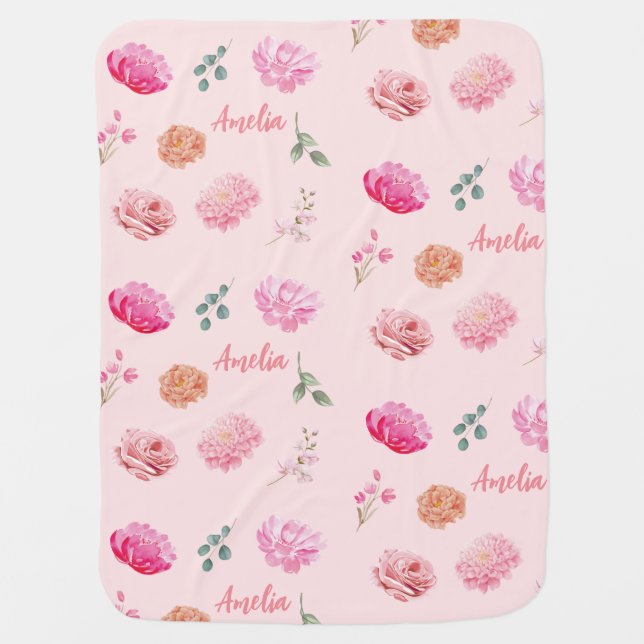 Watercolor pink flowers roses and peonies baby blanket (Front)