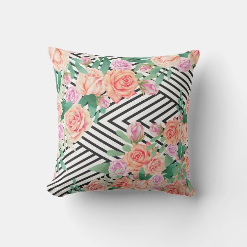 Watercolor pink flowers roses black white striped throw pillow
