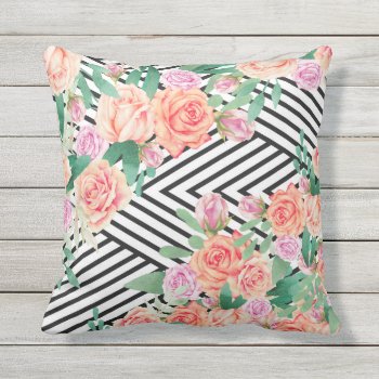 Watercolor Pink Flowers Roses Black White Striped Throw Pillow by pink_water at Zazzle