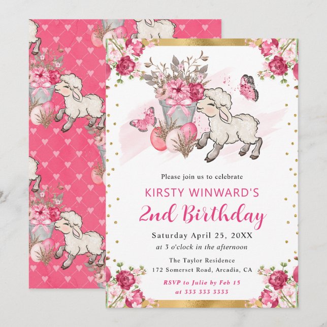 Watercolor Pink Flowers Spring Lamb Birthday Invitation (Front/Back)