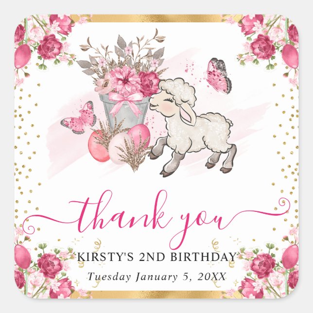 Watercolor Pink Flowers Spring Lamb Birthday Square Sticker (Front)
