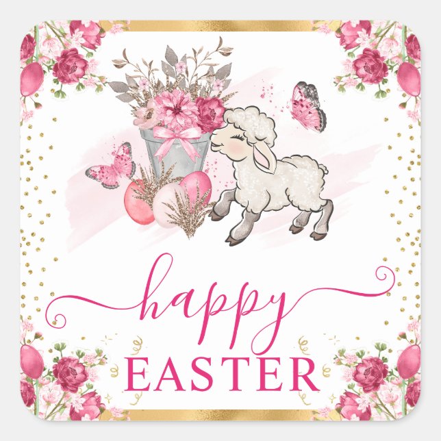 Watercolor Pink Flowers Spring Lamb Easter Square Sticker (Front)