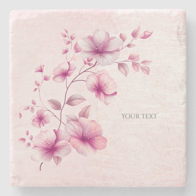 Watercolor Pink Flowers Stone Coaster (Front)