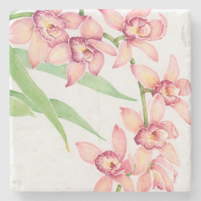 Watercolor Pink Flowers Stone Coaster (Front)