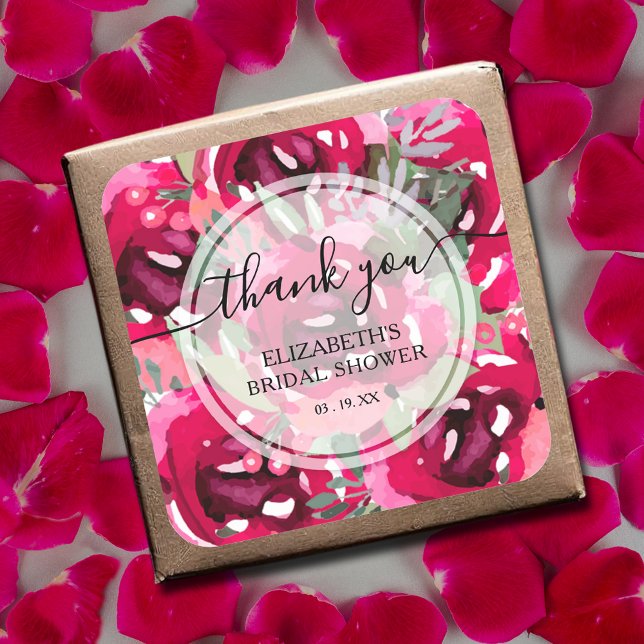 Watercolor Pink Flowers Thank You Square Sticker (Watercolor hot pink flowers thank you bridal shower square  stickers)