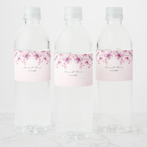 Watercolor Pink Flowers Water Bottle Label