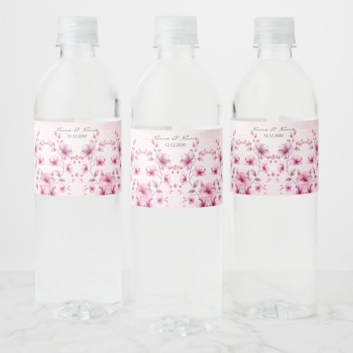 Watercolor Pink Flowers Water Bottle Label