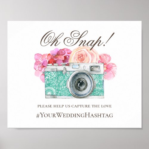 Watercolor pink flowers Wedding instagram hashtag Poster