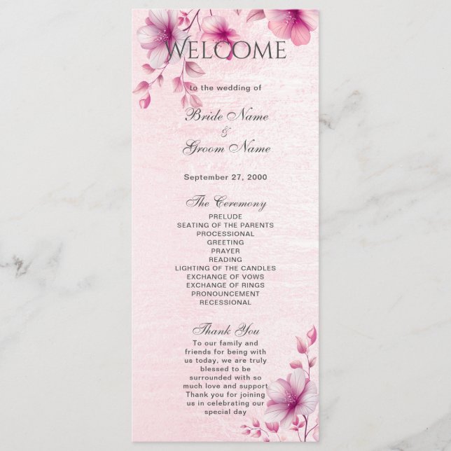 Watercolor Pink Flowers Wedding Program (Front)