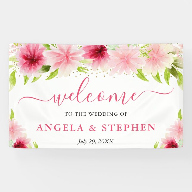Watercolor Pink Flowers Wedding Welcome Banner (Horizontal)