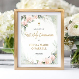 Watercolor Pink Flowers Welcome To First Communion Poster
