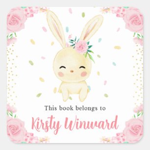 Watercolor Pink Flowers White Rabbit Bookplate