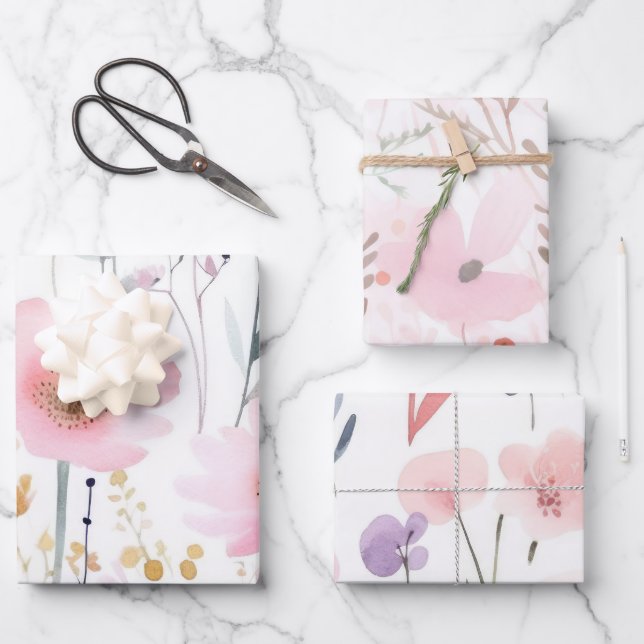 Watercolor Pink Flowers Wrapping Paper Sheets (Front)