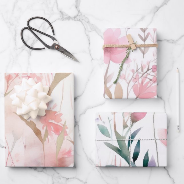 Watercolor Pink Flowers Wrapping Paper Sheets (Front)