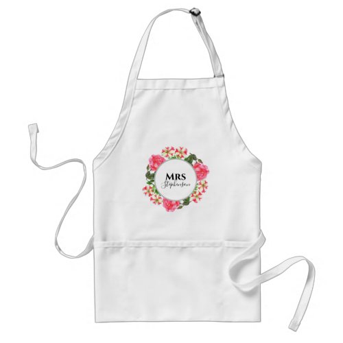 Watercolor Pink Flowers Wreath Circle Adult Apron