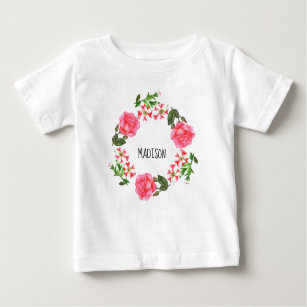 Watercolor Pink Flowers Wreath Circle Baby T-Shirt