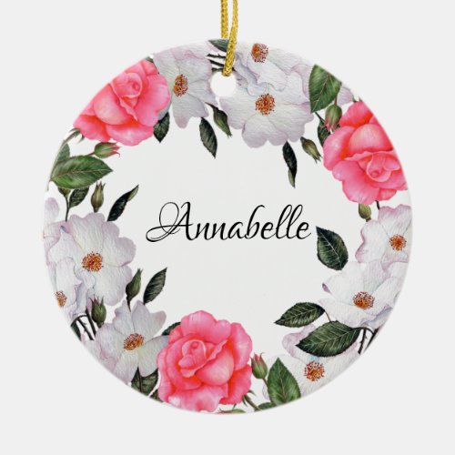Watercolor Pink Flowers Wreath Circle Ceramic Ornament