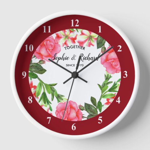 Watercolor Pink Flowers Wreath Circle Clock