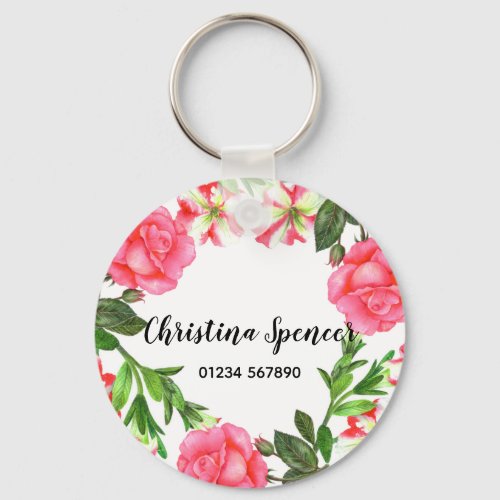 Watercolor Pink Flowers Wreath Circle Keychain