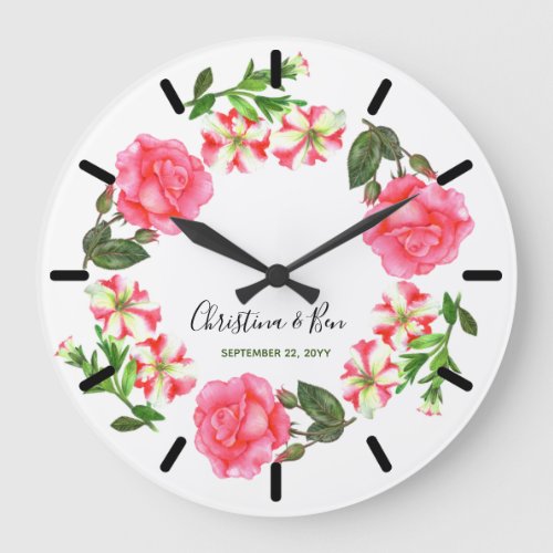 Watercolor Pink Flowers Wreath Circle Large Clock