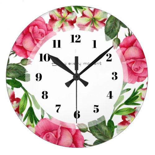 Watercolor Pink Flowers Wreath Circle Large Clock