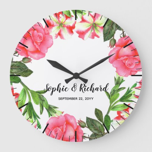 Watercolor Pink Flowers Wreath Circle Large Clock