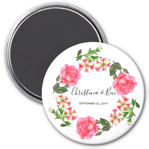 Watercolor Pink Flowers Wreath Circle Magnet