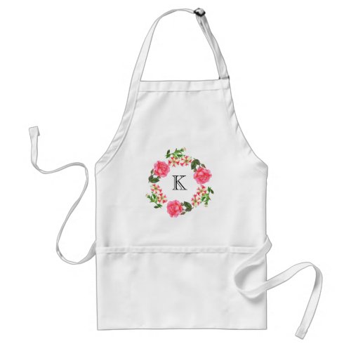 Watercolor Pink Flowers Wreath Circle Monogram Adult Apron