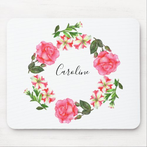 Watercolor Pink Flowers Wreath Circle Mouse Pad