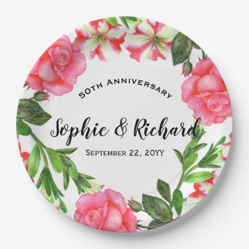Watercolor Pink Flowers Wreath Circle Paper Plates